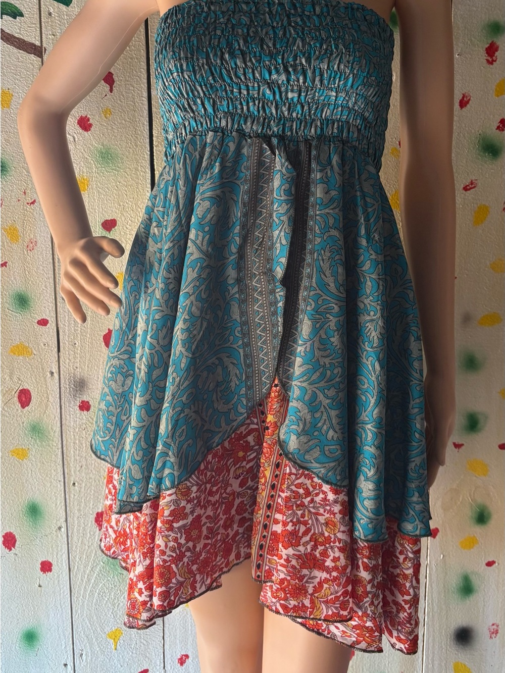 Boho Strapless Mixed Print Sundress in Teal & Red . Convertible skirt.